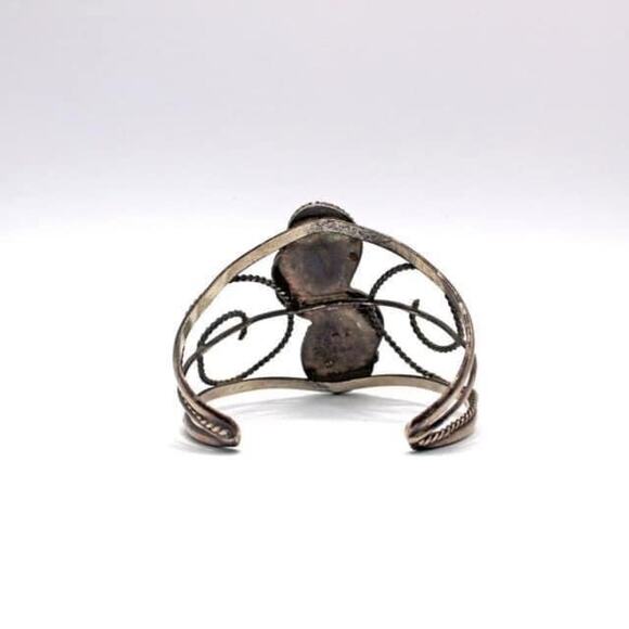 Albert Yazzie Sterling Silver Mother of Pearl with Turquoise Cabochon Cuff Brace - Picture 5 of 8